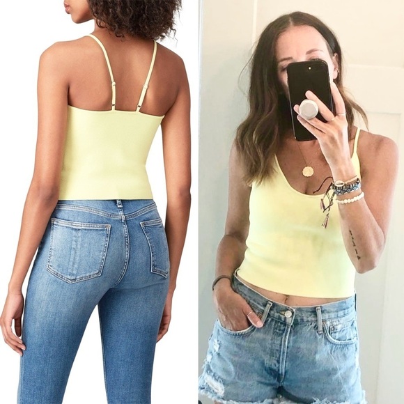 ALC 90s Pastel Yellow Compact Knit Scoop Neck Sleeveless Cropped Cami Tank Top L - Picture 4 of 11